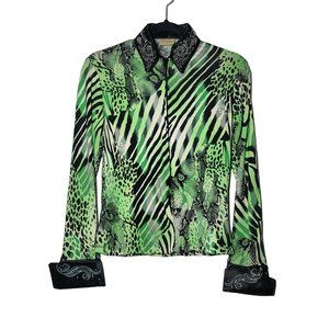 The Performance Collection Green Animal Print Rhinestone Full Zip Blouse Medium